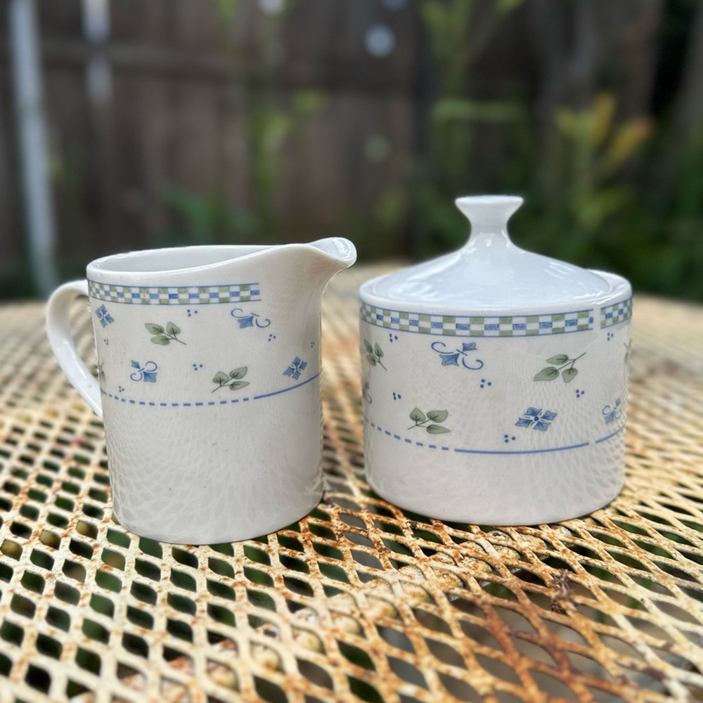 Vintage Creamer and Sugar in Sabrina Pattern by Sango Blue and Green Set/2